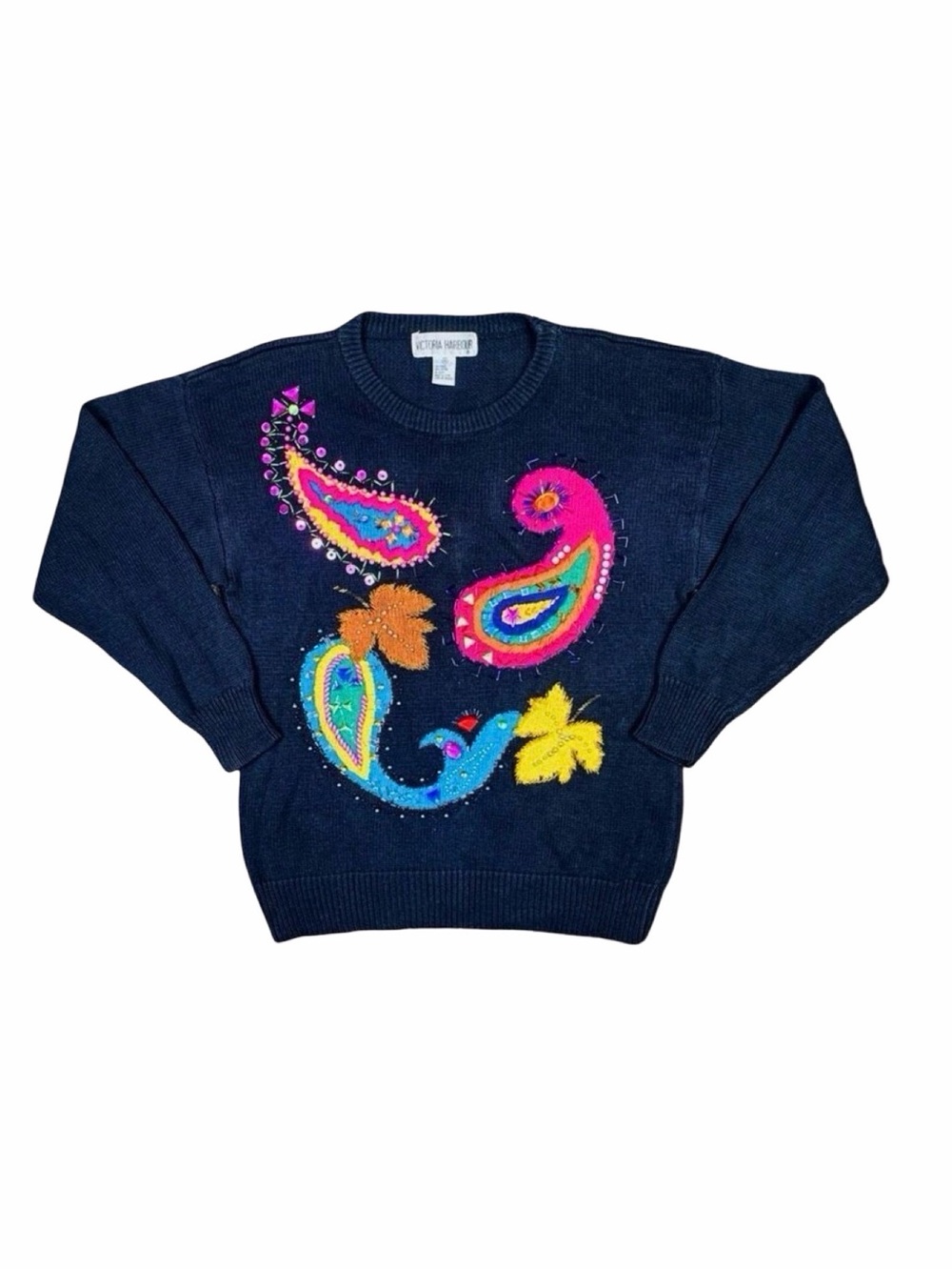 Vintage 80’s Victoria Harbour Bead Embroidery Paisley Appliqué Sweater - Medium